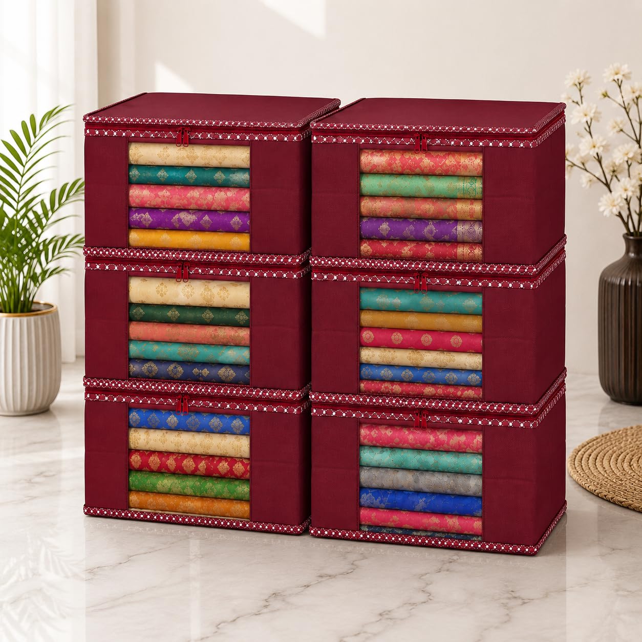 Saree Storage Bag with Transparent Window | Non-Woven Clothes Organizer Box with Zipper | Foldable Wardrobe Storage Box for Sarees, Blankets, Bedsheets & Clothes (6, Maroon Less)-picture-16