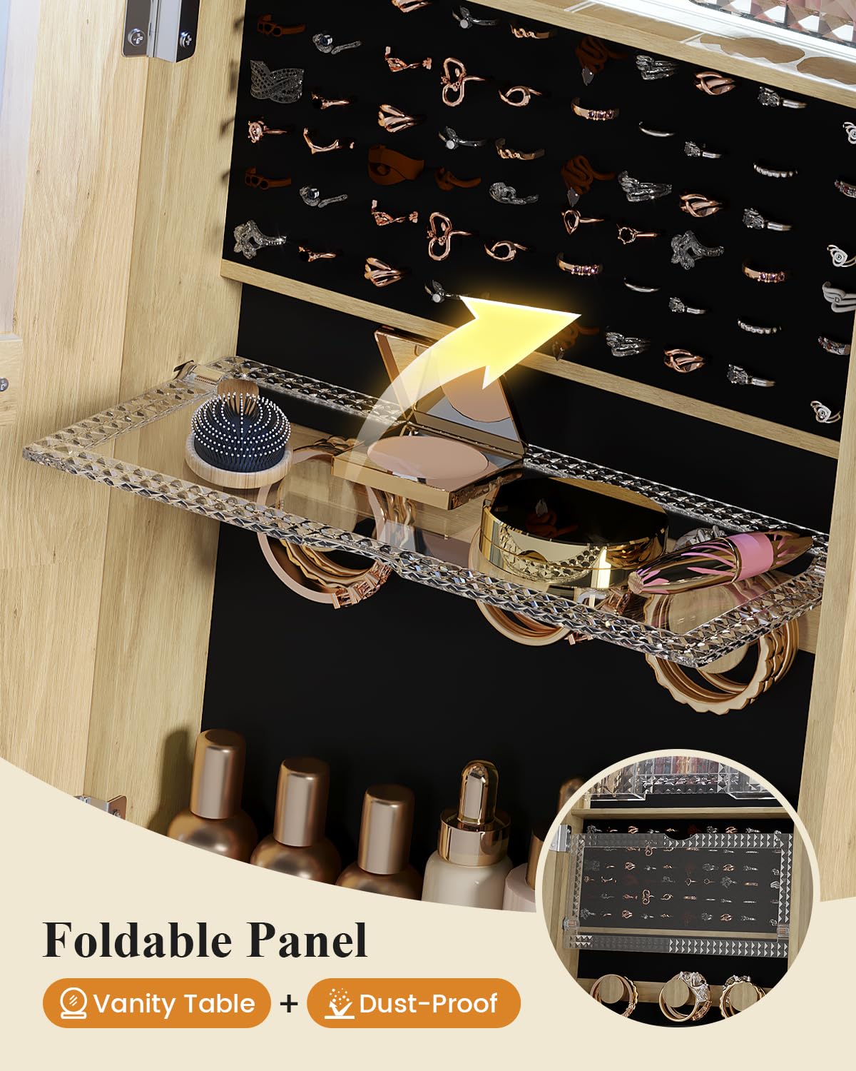 LVSOMT Espejo Joyero de Pie LED 360° Giratorio con 3 Luces Colores Bloqueable Madera