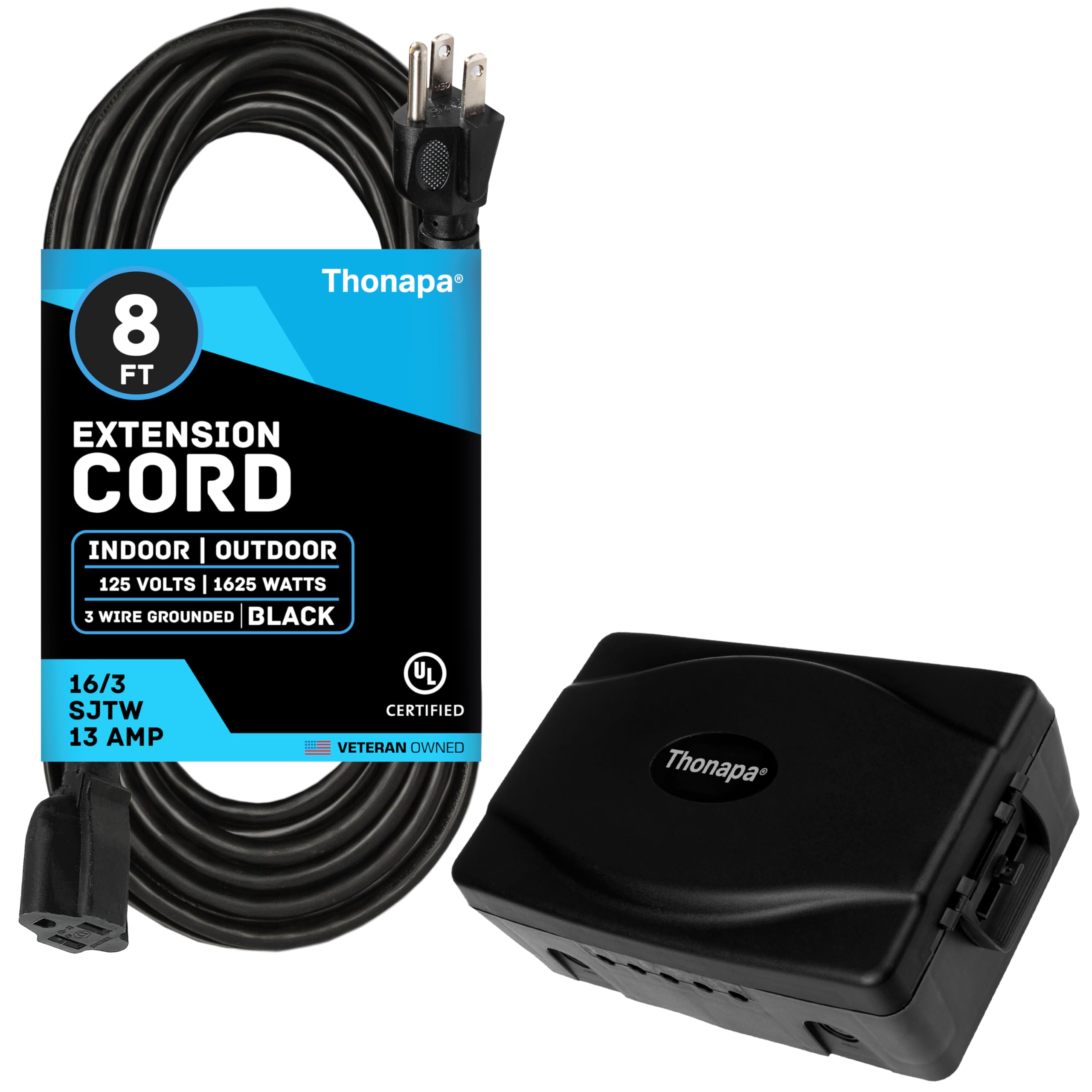 Thonapa 13 Amp Outdoor Extension Cord 8 ft & Outdoor Electrical Box, Weatherproof Power Cord Protector for Electrical Connections, IP54 Great for Timers, Power Strips, Landscape Lights