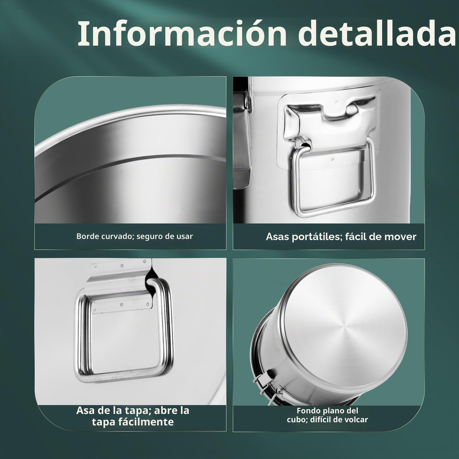Cubo hermético de acero inoxidable con tapa, 6 L, 12 L, 21 L, 33 L, para cereales, harina y cereales (33 x 33 x 30 cm, 21 L)