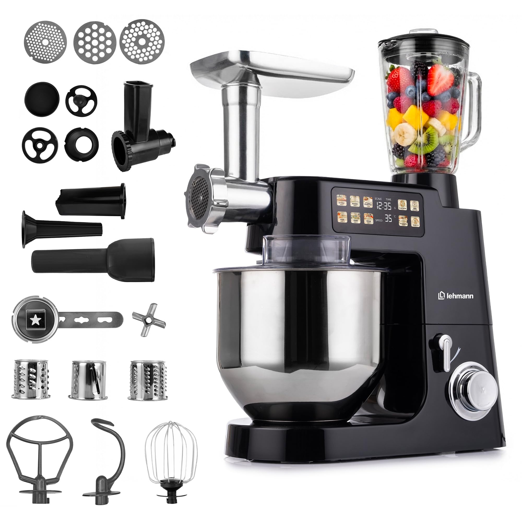 LEHMANN Teyles Robot Pâtissier Professionnel Multifonction 2100W 8L avec Balance Intégrée et Bol Chauffant, Pétrin à Pain et Pizza, Blender Verre 1,5L, Hachoir à Viande, Noir