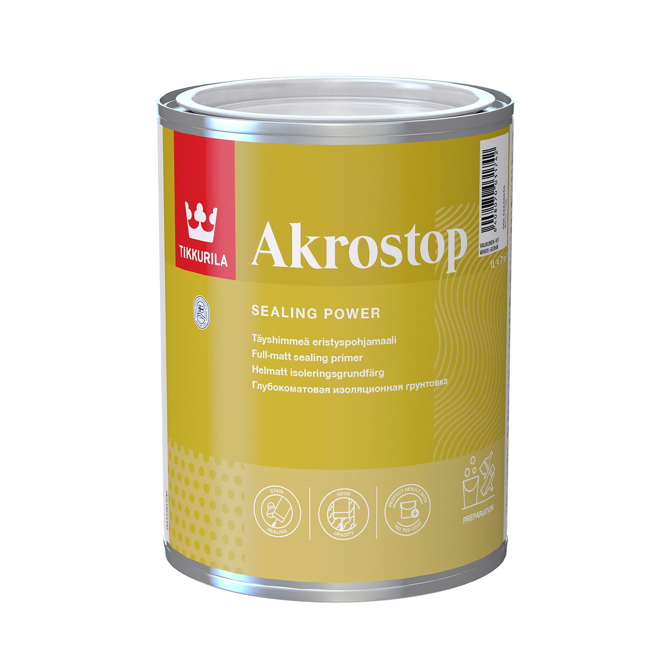 Tikkurila Akrostop Sealing Primer - Stain-Blocking Primer for Interior Walls & Ceilings (Water-Based) - 1 Litre