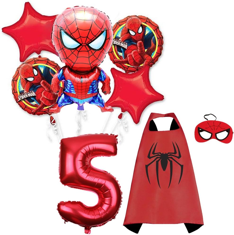 CuteTrees Cute Spiderman 5th birthday party balloons party supplies party decoration birthday decorations and super hero cape and felt mask and number balloons 8 pcs