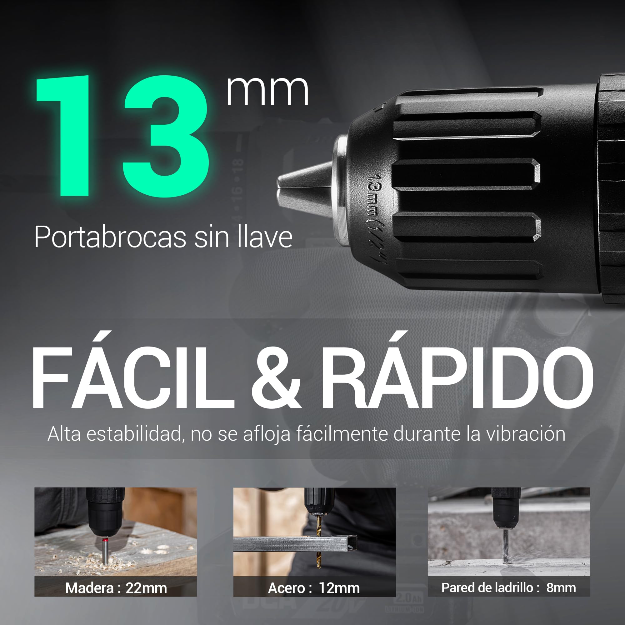 DCA Taladro percutor inalámbrico 20V, 40 Nm, portabrocas automático de 13 mm, 22500 IPM, 2 velocidades, 18+1+1, taladro de impacto con 14 brocas/destornilladores para ladrillo, metal y madera