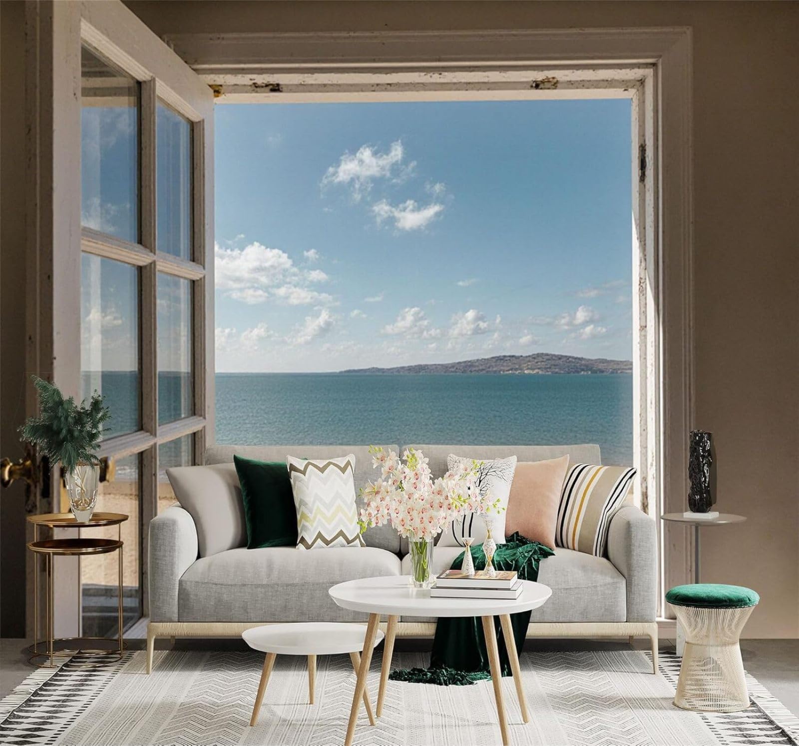 XLMING Window Sea Beach Sky Seascape 3D Wallpaper Premium Textured Silk Study Dining Living Room Bedroom Sofa TV Wall Easy Install-350cm×256cm