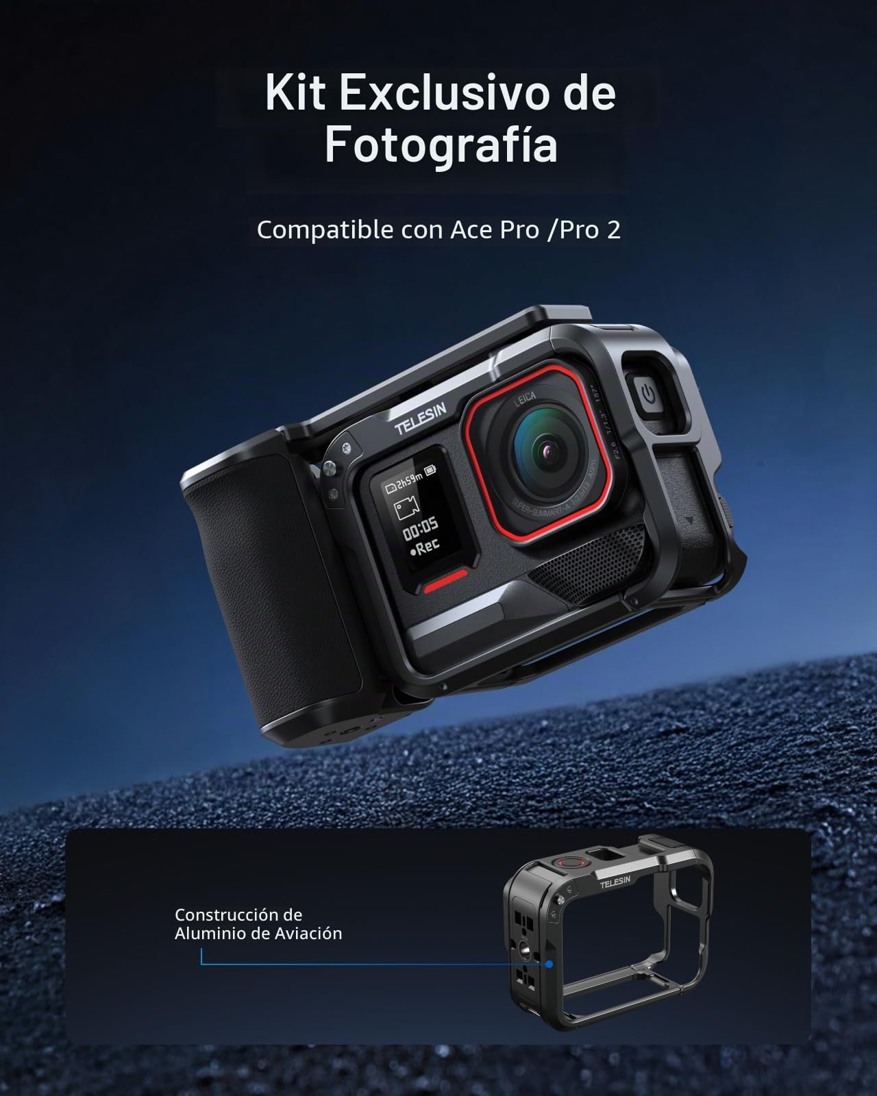 TELESIN Street Grip Kit para Insta360 Ace Pro/Ace Pro 2 – Cage Metálico Rabbit, Empuñadura Basculante, Aleación de Aluminio, Ranura TF, Liberación Rápida, Accesorios Vlog y Cámara Action