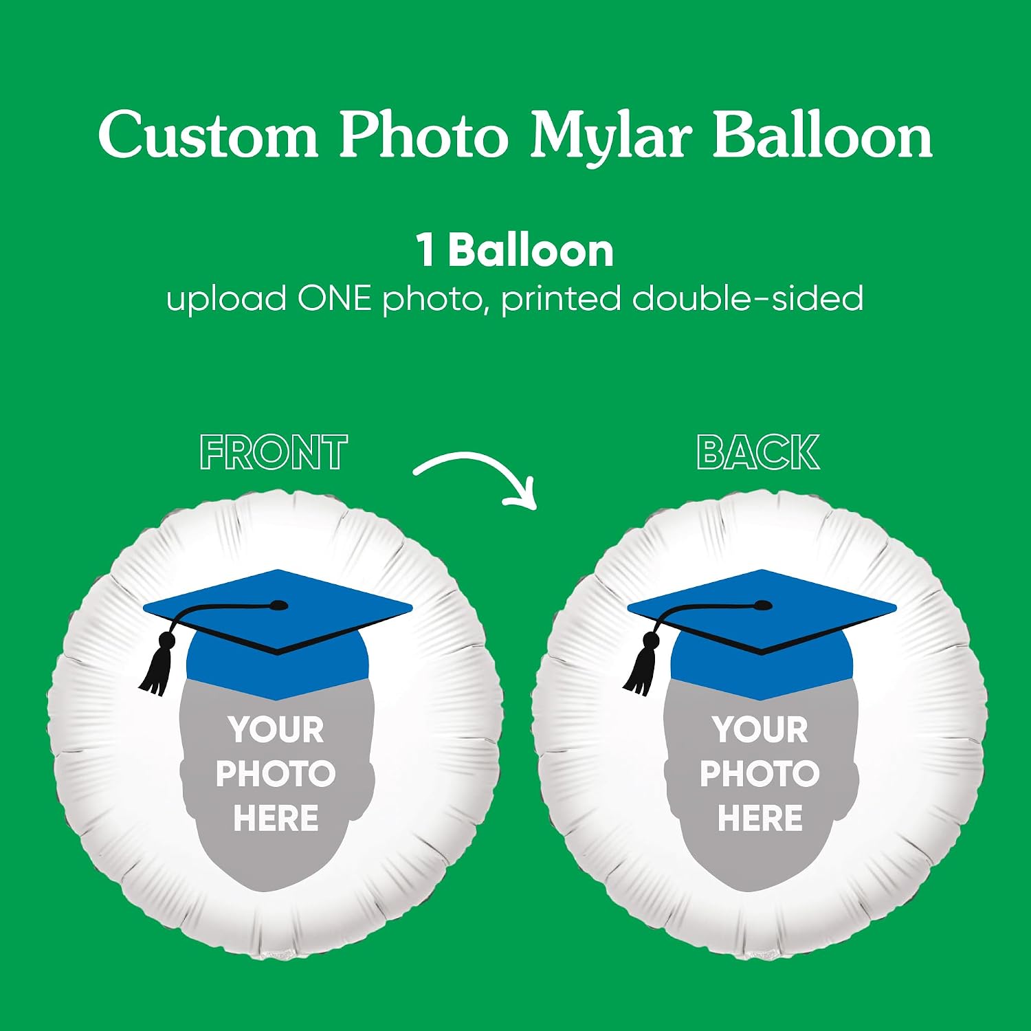 Big Dot of Happiness Personalized Blue Grad Cap Fun Face Photo Balloon, Elementary High School College Custom Graduation Party Decorations, Double-Sided Round Circle Mylar, 1 Piece