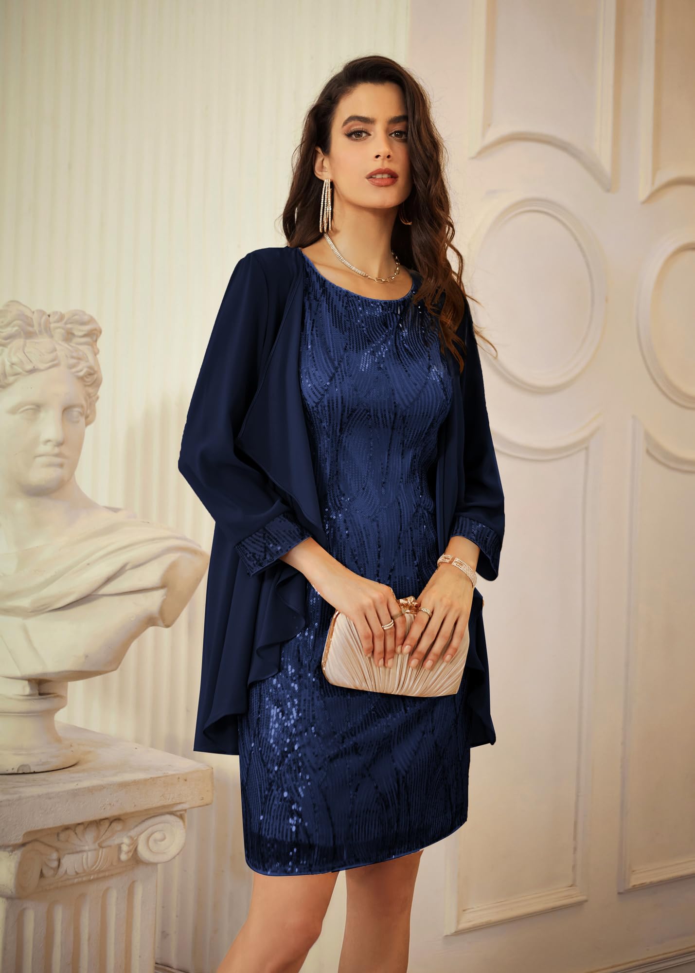 GRACE KARIN Damska sukienka bez rękawów, okrągły dekolt, cekiny, elegancka, dwuczęściowa, tiulowa, kardigan, sukienka wieczorowa na imprezę