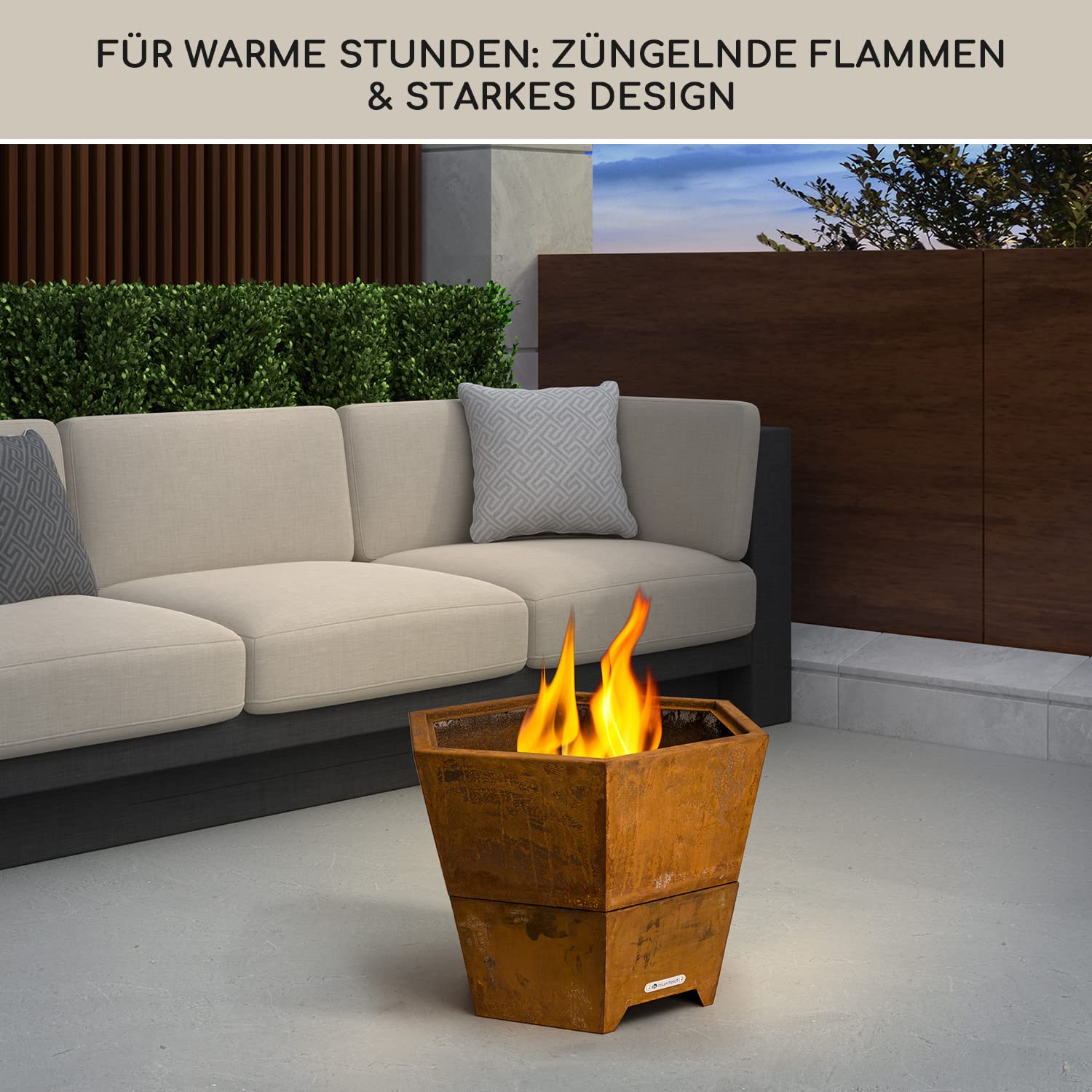 Blumfeldt Feuerschale mit Grillrost, Outdoor Stahl-Feuerschale Groß für Balkon & Camping, Mobile 60 cm, Feuerschalen mit Standfuß, Wetterfeste Sechseckige Feuerstelle