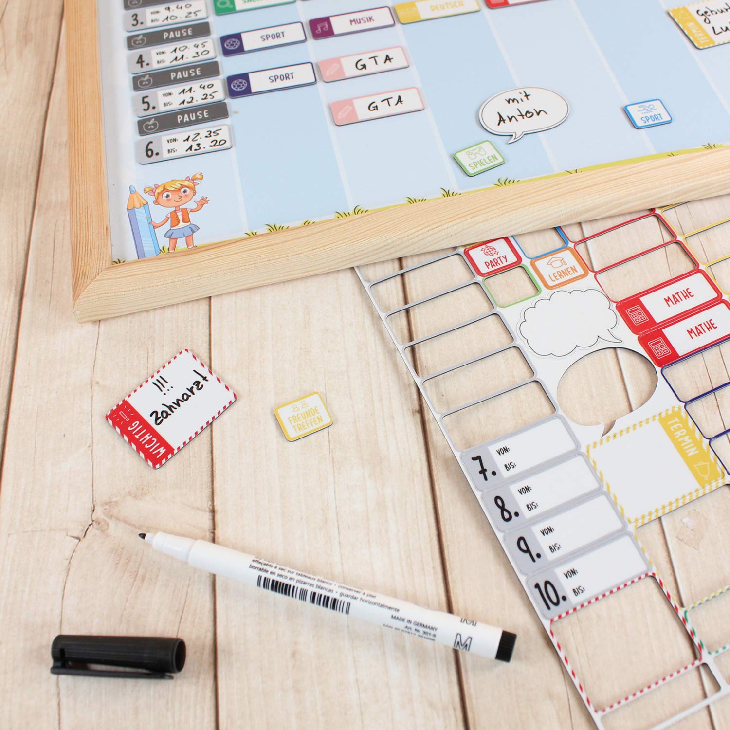Magnetischer Stundenplan grün 90 Magneten Stift abwischbar Wochenplaner Schule 40 x 30 cm