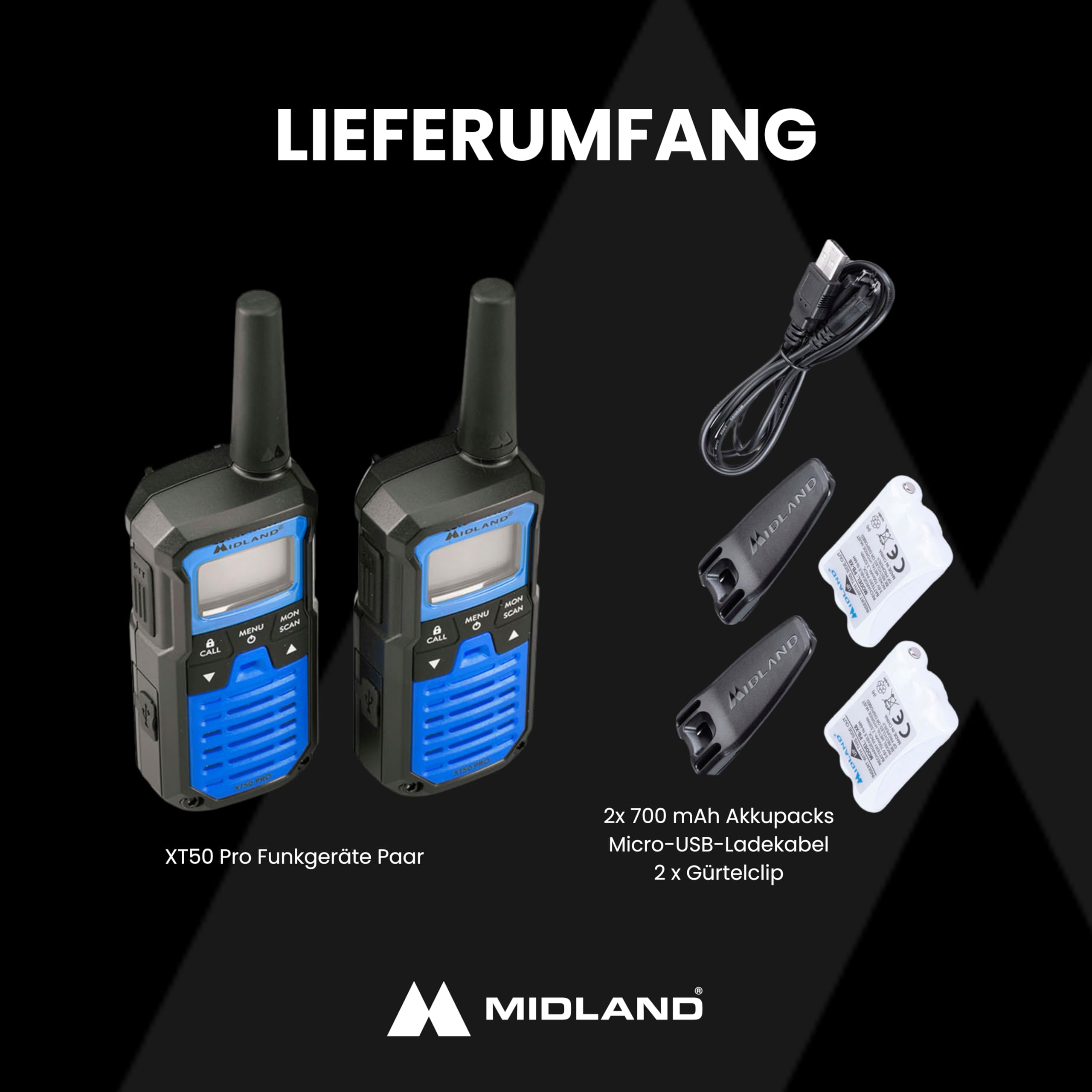 Midland XT50 PRO Doble, Walkie Talkie Profesional de Carga Rápida, 85 Canales PMR446 y Canal RRM, 38 Tonos CTCSS, Resistente al Agua IPX2, Recargable con USB, Alcance de 8 km, Negro/Blanco, 2 Unidades