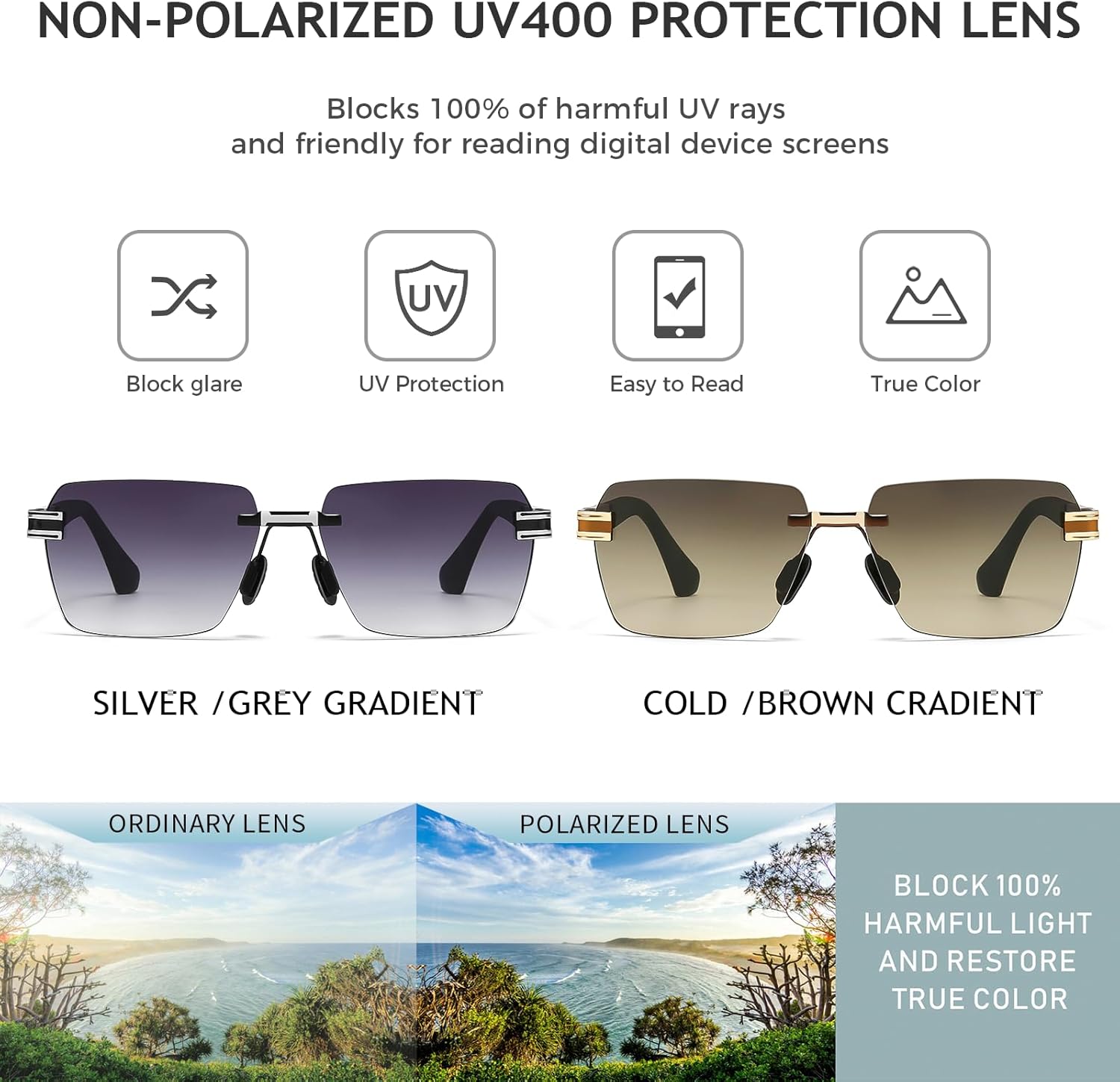 SUNGAIT Rimless Rectangle Sunglasses Square Frameless Shades for Men Women Y2K Vintage UV Protection - Image 2