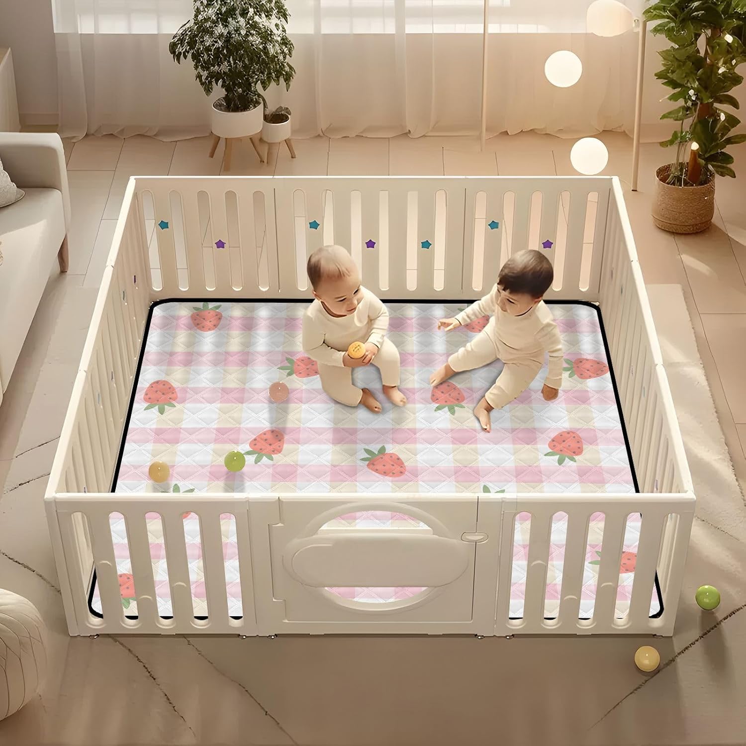 Baby Play Mat Gingham Kawaii Strawberries Checkered 50 x 50 Playpen Mat Baby Play Mats for Floor Play Gym Crawling Mat Non-Slip Cushioned Baby Playmat for Infants, Babies, Toddlers