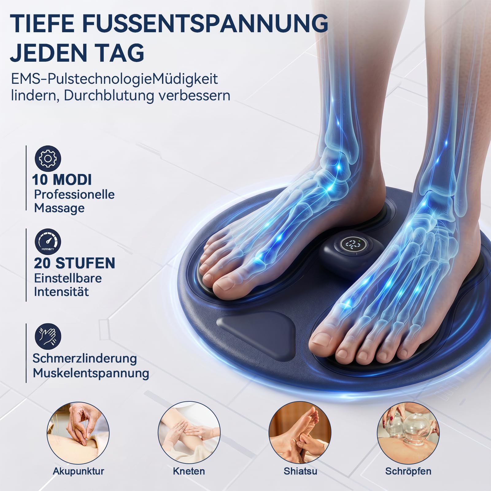 Vollsilikon EMS Fußmassagegerät, Durchblutungsstimulator für Füße & Beine | Fußmassageauflage mit EMS & TENS | Durchblutung | Lindert Fußschmerzen, Neuropathie, Krämpfe & Schwellungen