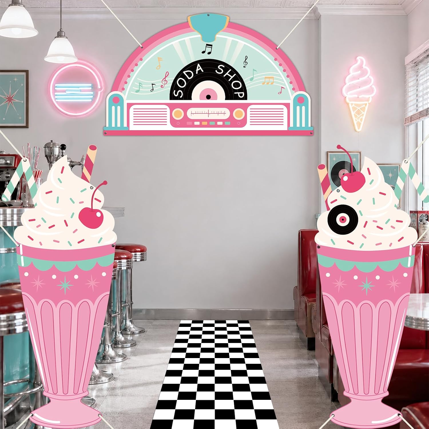 4 Pcs 50s Retro Diner Party Decor Porch Banner Signs Checkered Runner Rug