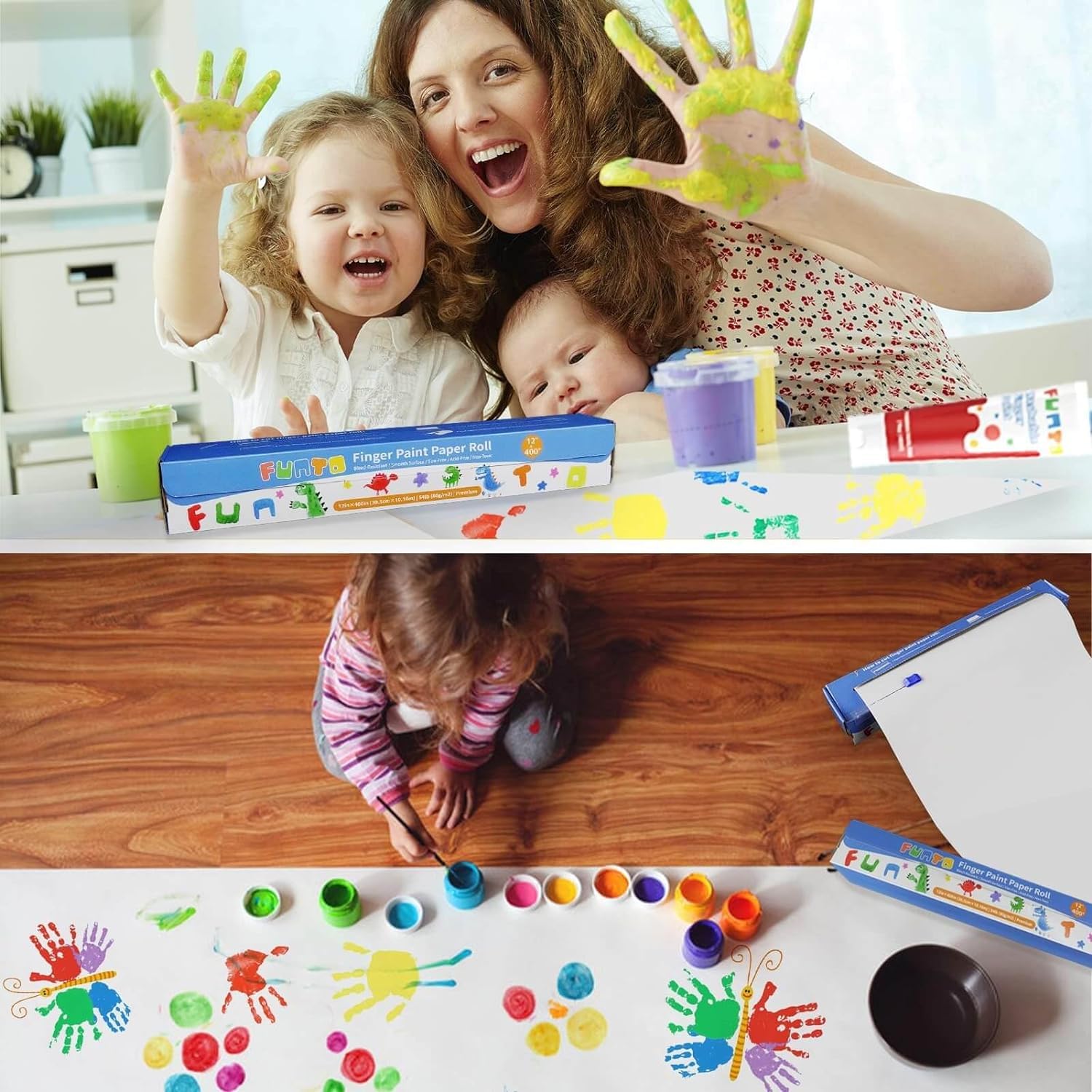 Funto Rotolo di carta per pittura con le dita, 12''x400'', senza dimensioni, bianco, carta da pittura grande per bambini piccoli, carta artistica per bambini, carta per dipingere, facile da tagliare