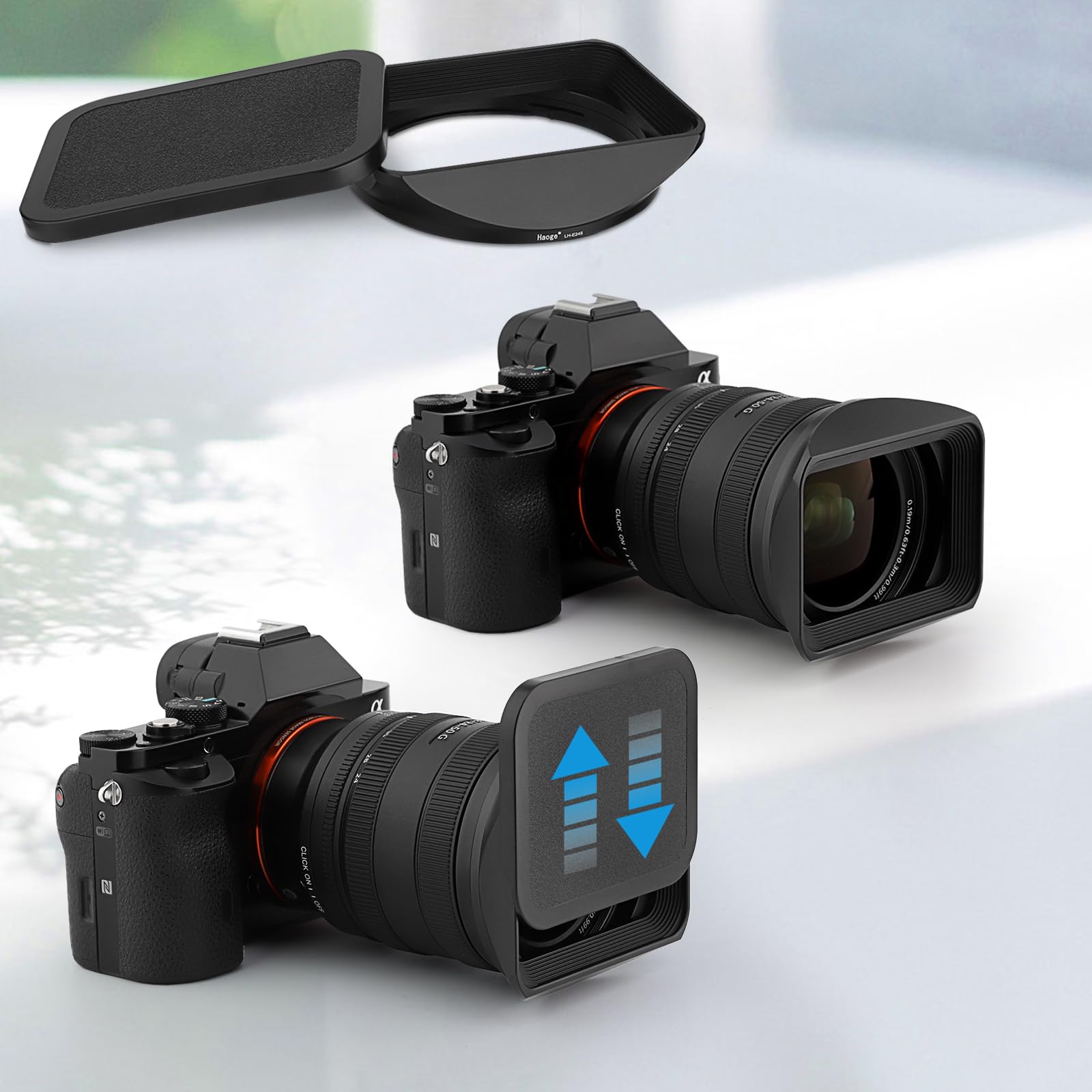 Haoge Pare-soleil carré en métal pour Sony FE 24–50 mm F2.8 G avec capuchon sur Sony A7CR a7CII A7R4 LH-E245