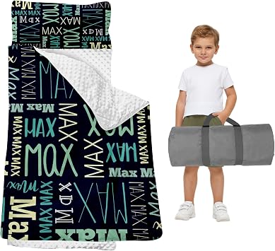 Personalized Toddler Sleeping Mat, Lightweight Nap Mat with Pillow and Blanket, Thick Large Roll up Slumber Bag for School Naptime, Black & Light Green Cozy Sleep Mat for Daycare Boys and Girls