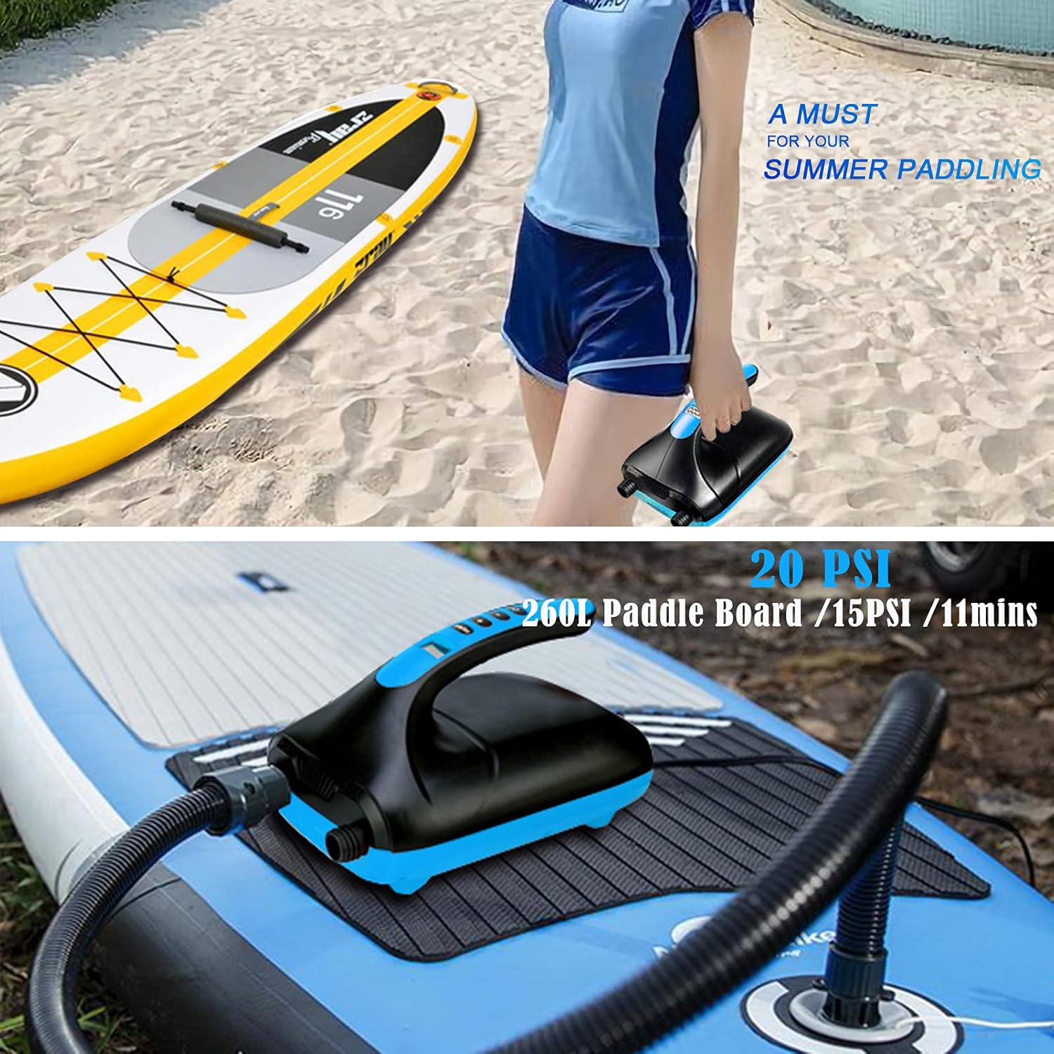 Sup Electric Pump,20psi Electric Paddle Board Pump with 5 Nozzles,Smart Inflation AutoOff