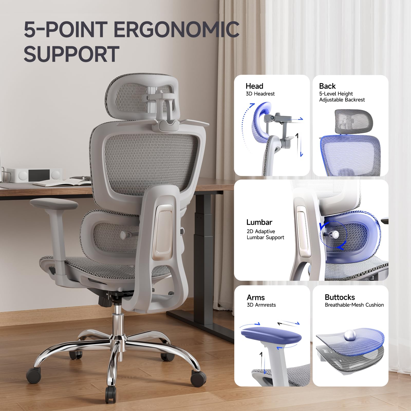 LarkLeaves Silla de Oficina Ergonómica con Reposapiés Gris L10 Pro | Malla transpirable, soporte lumbar 2D, respaldo ajustable, reposabrazos 3D, inclinación 145 grados, ruedas goma