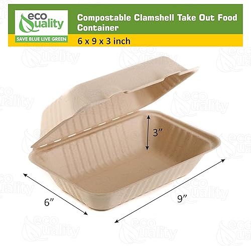 Miniatura 3 de EcoQuality [Paquete de 200 recipientes de alimentos compostables de 6 x 9 x 3 pulgadas con cáscara de almeja compostable – bagazo de caña de azúcar,