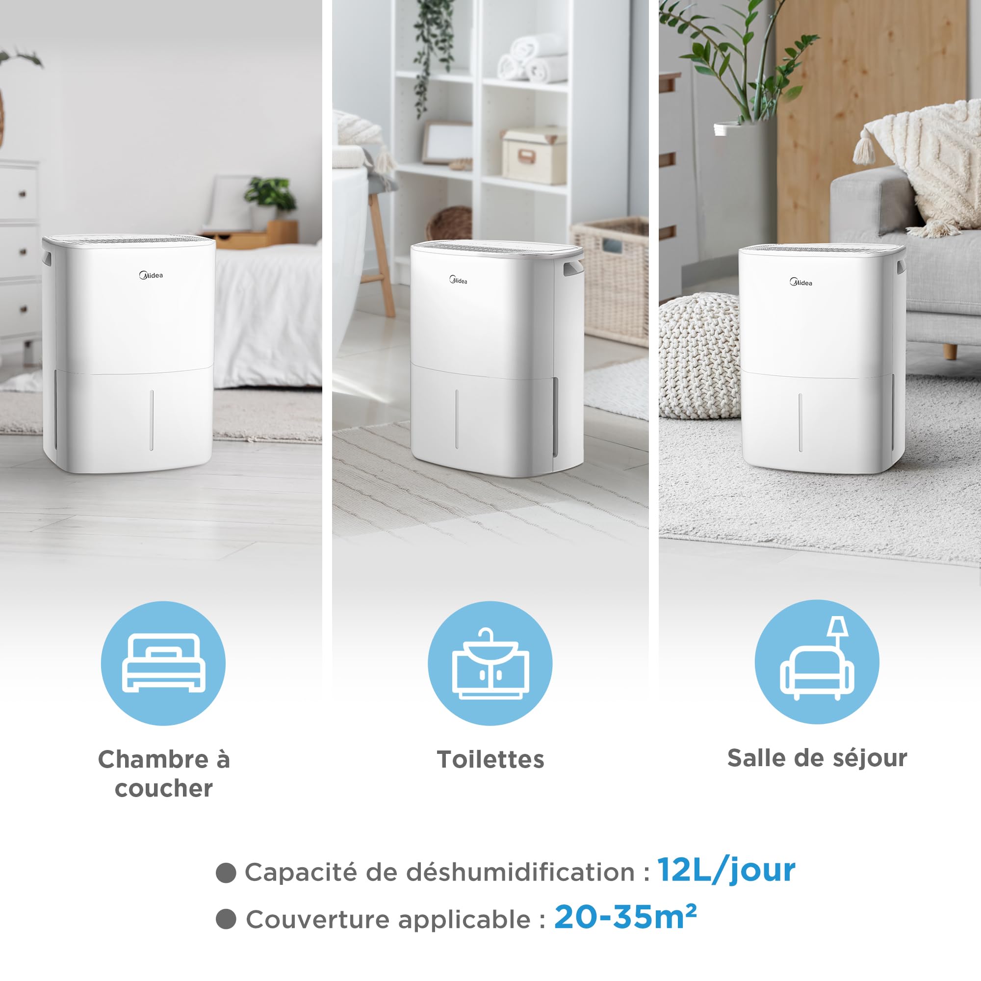 MIDEA Deshumidificateur d air Anti Moisissure 12L - Compresseur Intelligent et APP - Absorbeur d'humidité electrique - Séchage du Linge, Capteur d'humidité Auto et anti-condensation - Idéal pour 35m²