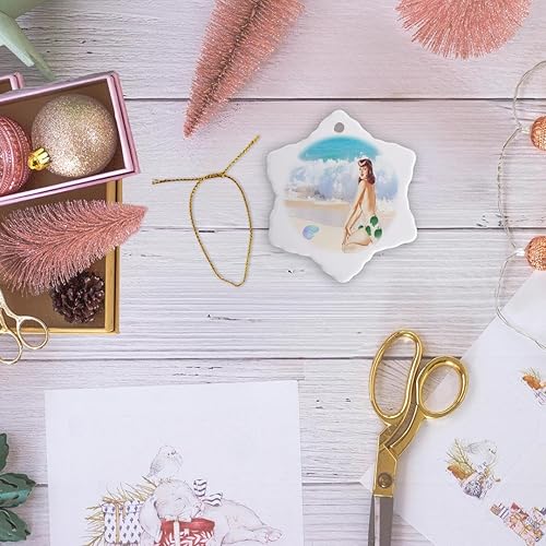 Miniatura 6 de 3 inch Snowflake Porcelain Ornament - Image of Ocean Waves Beach and Shell with Back of Topless Pinup Lens Art by Florene - Retro Pinups