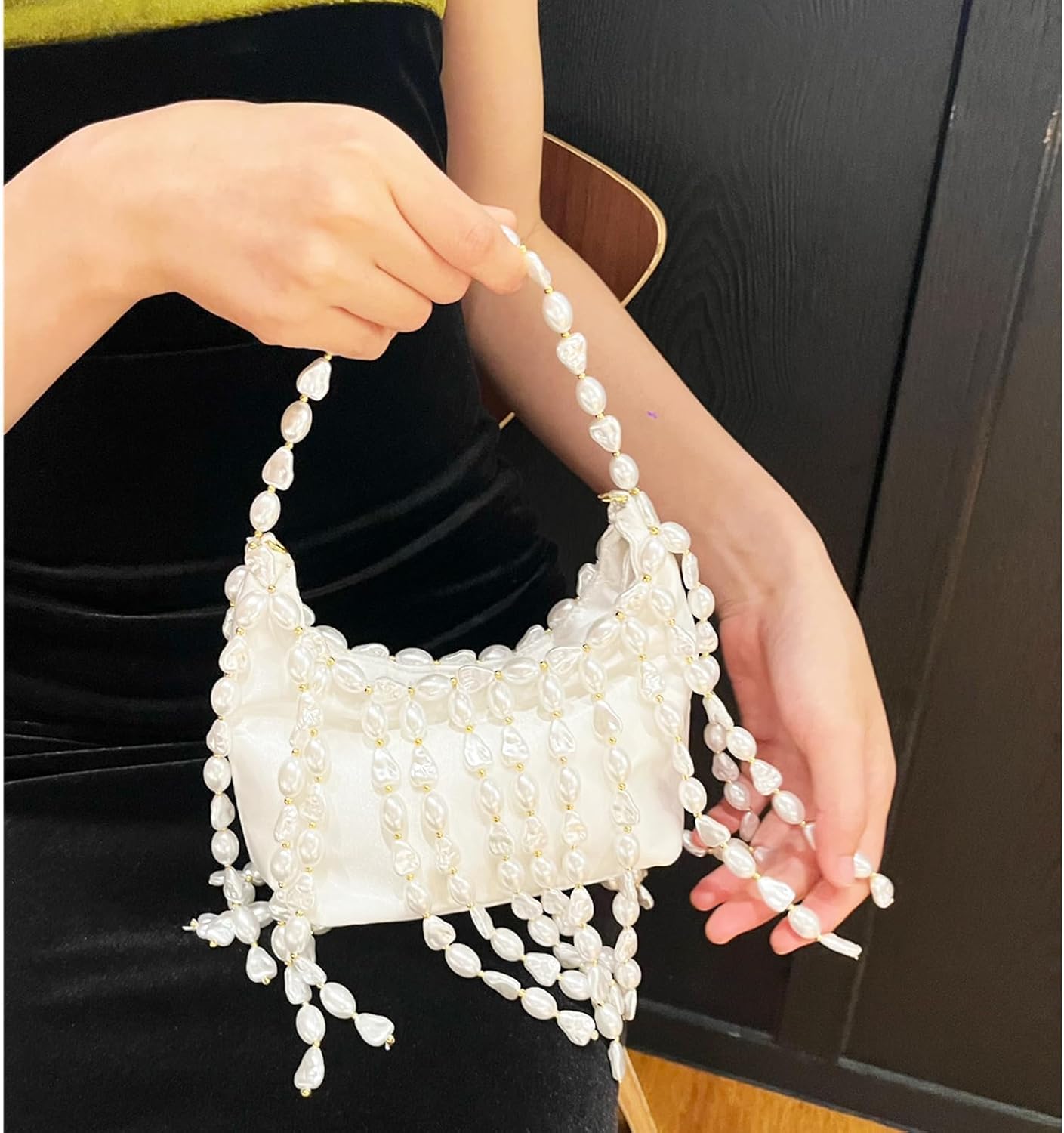 Pearl Purse, White Tasseled Pearl Satin Evening Bags, Shoulder Bag, Handbags for Party Wedding Travel - Image 2