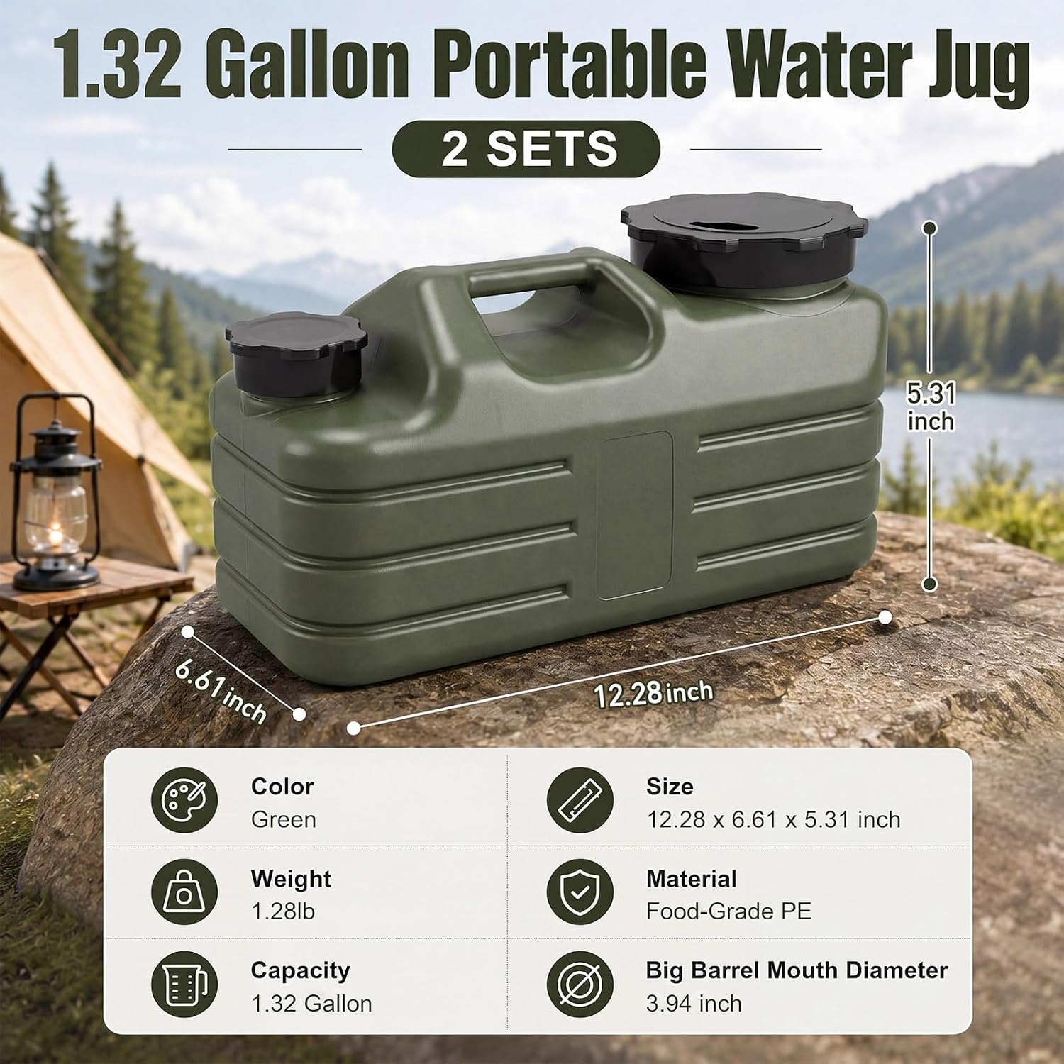 Hushee 2 Set Camping Water Jug with Spigot, 1.32 Gallon Portable Food Grade Water Dispenser Container with Adjustable Faucet Cleaning Brush for Rv Hiking Picnic Survival, Leak‑proof
