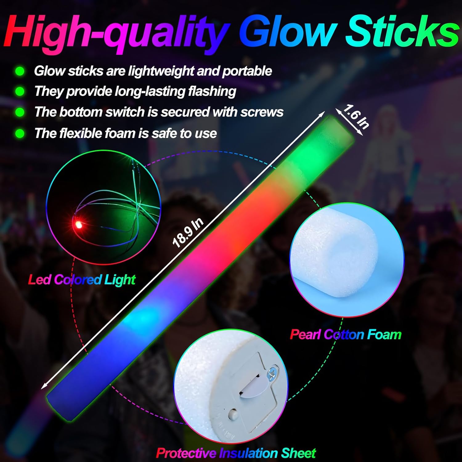 100 Pack Foam Glow Sticks Bulk, LED Foam Sticks with 3 Flashing Modes, 18.9" Light Up Foam Sticks Glow in the Dark Party Supplies for Wedding Reception, Birthday, Concert, Rave, Neon Party Favors