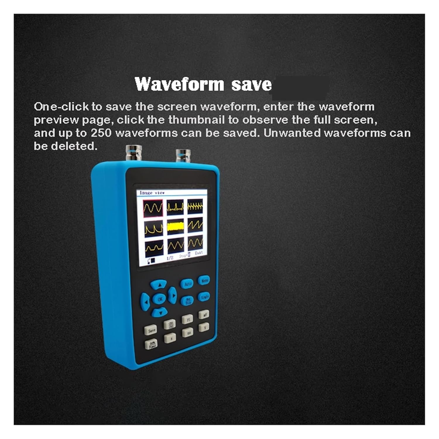 BUUBO DSO2512G Digital Oscilloscope screen showing waveform save and preview sąsaja
