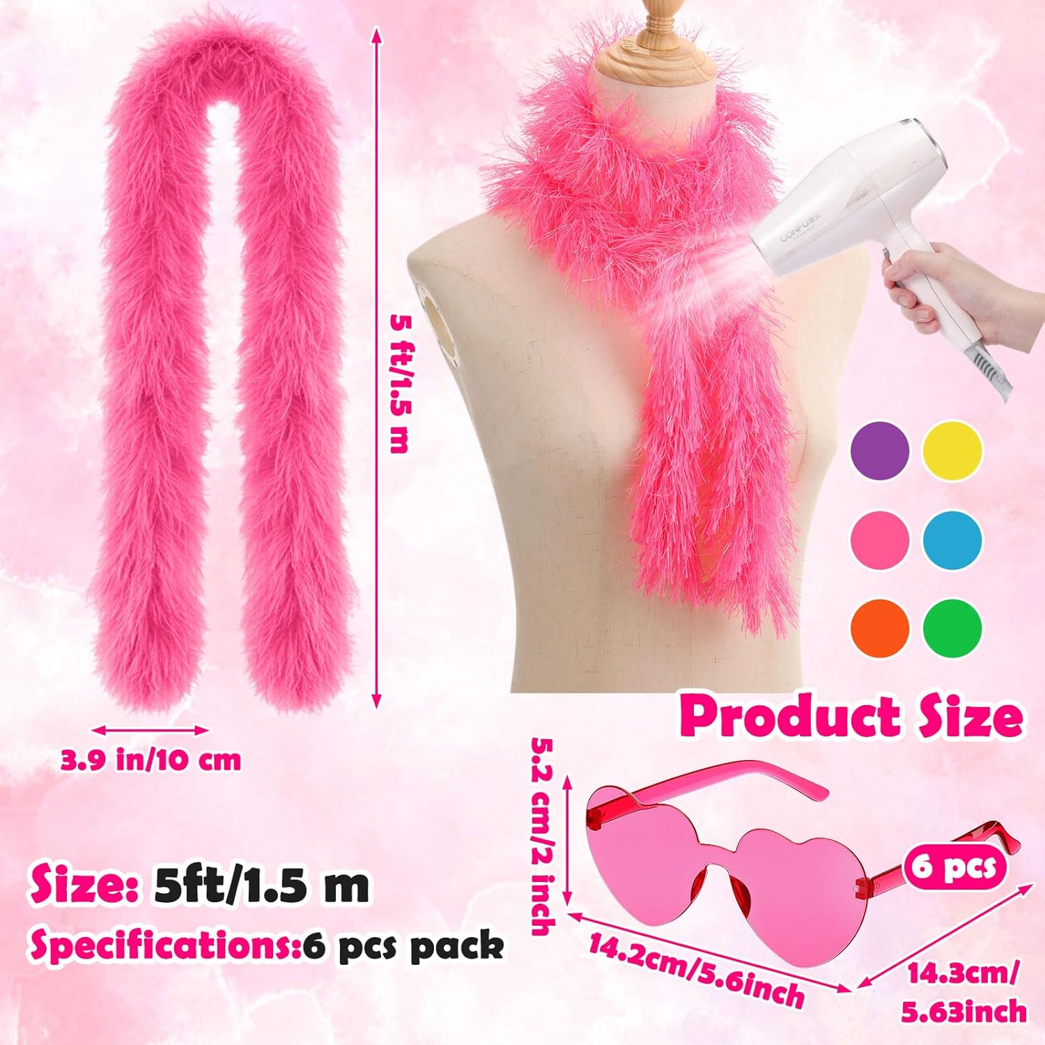 18 Pcs/6 Set Feather Boas Party Pack Include Fluffy Artificial Feather Boas Heart Sunglasses and Cowgirl Hats Bachelorette Accessories Neon Photo Props for Birthday Wedding Costume Parties