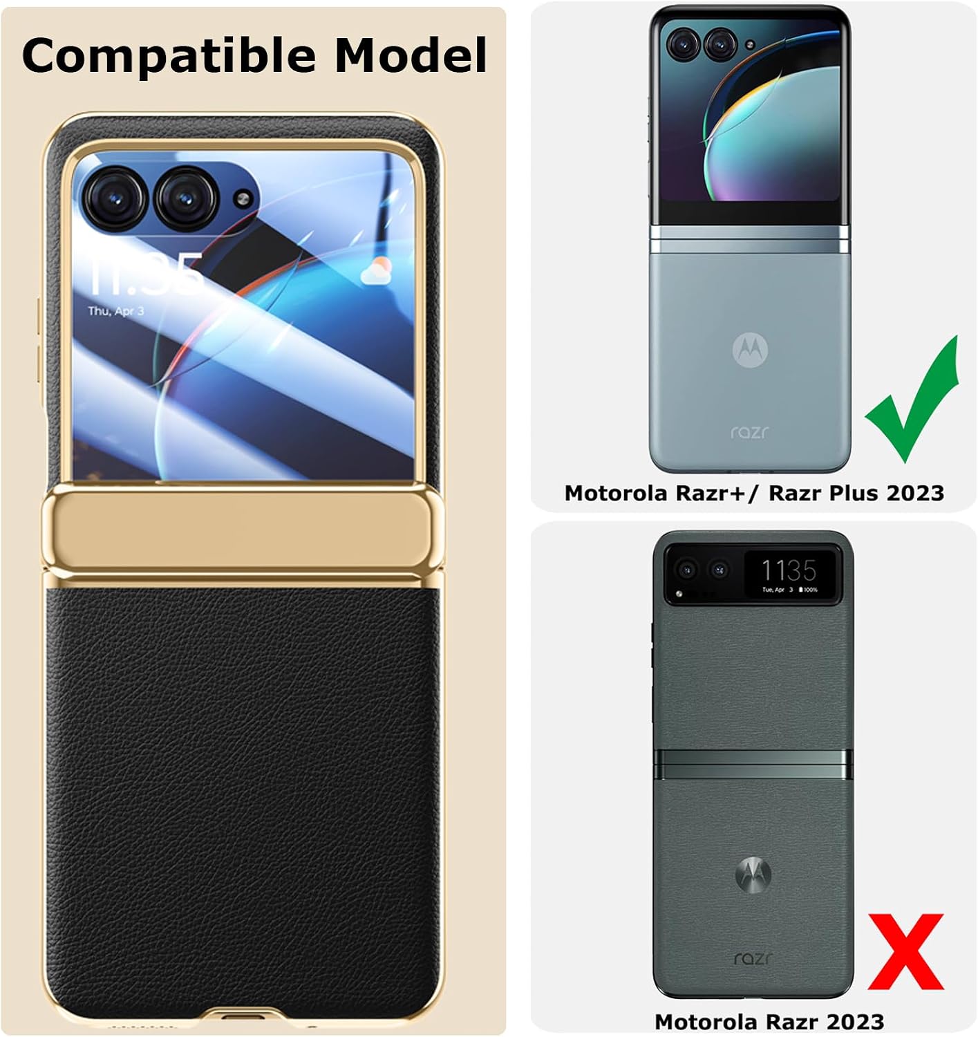 for Motorola Razr+ Plus 2023 Case with Hinge Protection, Built in Rear Screen Protector, PU Leather Phone Case Slim Hard PC Bumper Protective Cover for Motorola Razr+ Plus 2023 Black