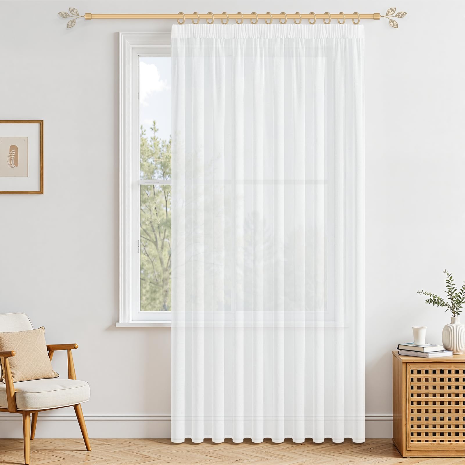 MRTREES Store Curtains with Ruffle Tape, 225 cm Long, White, Semi-Transparent, 200 cm Wide, Set of 1, for Children's Room, Boys’ Bedroom, Kitchen Window, Extra Wide Curtains — image 1
