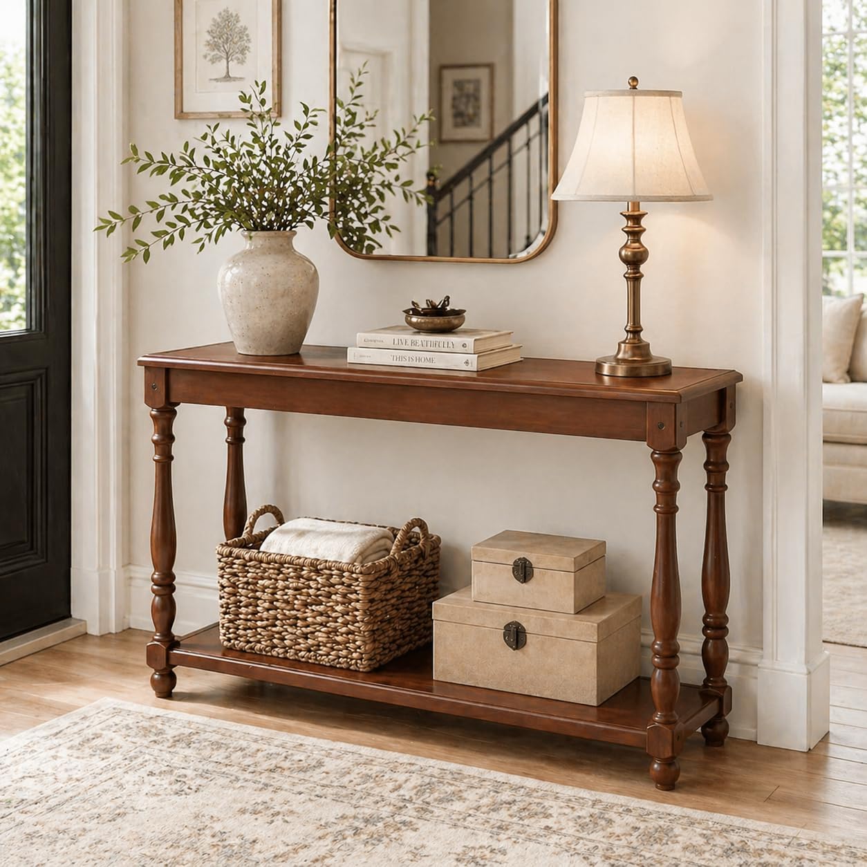 50 Inch French Vintage Narrow Console Table, 2-Tier Traditional Solid Wood Entryway Table with Roman Legs, Rectangular Accent Couch Table Behind Sofa for Living Room, Foyer, Hallway, Dark Brown