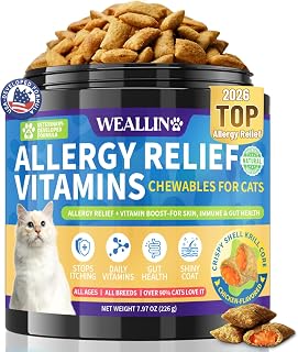 Allergy Relief for Cats - 500 Crunchy & Krill Core Allergy Treats with Multivitamin Omega-3 Probiotic for Cats, Immunity Supports Seasonal Itching Licking & Scratching for All Breeds Chicken Flavor