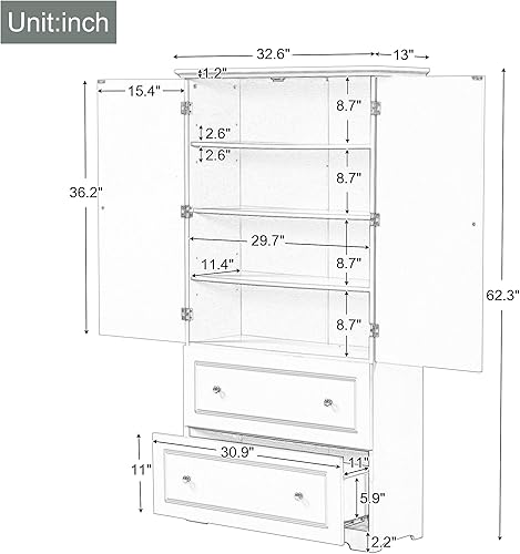Miniatura 17 de Armario de almacenamiento de baño independiente con puertas, cajón y estantes, gabinete de baño estrecho y delgado, torre de lino de pie (gris)