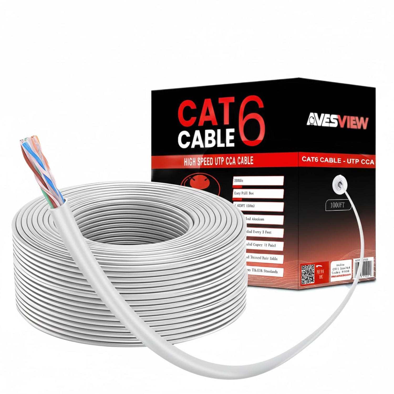 CAT 6 Ethernet Cable 1000ft Indoor Easy Pull Box 10Gbps Premium Quality High-Speed Bulk CAT6 Cable 1000ft Unshielded Copper Clad Aluminum (CCA) 23AWG 550MHz 1000 FT CAT 6 Cable - Black