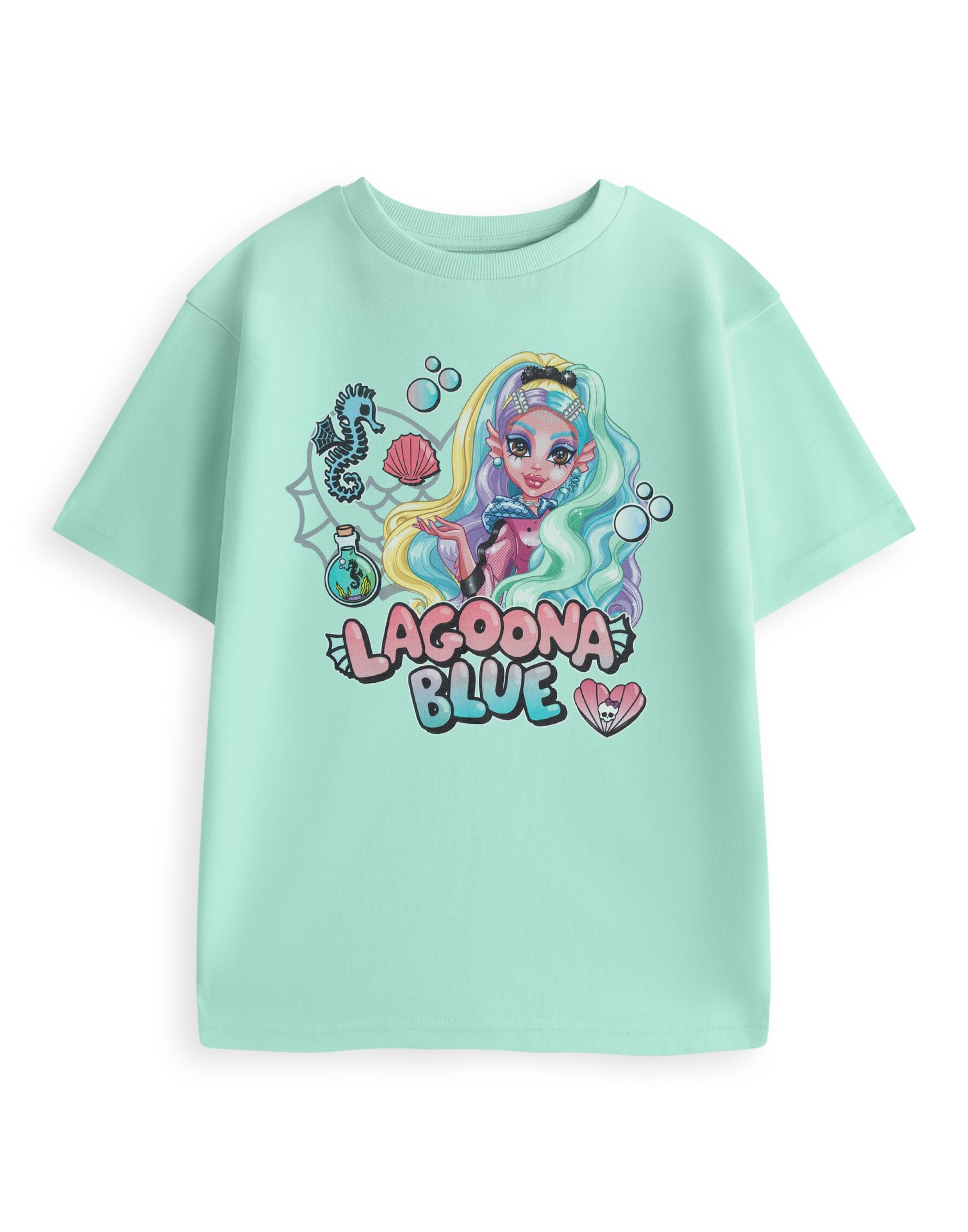 Monster High Girls Lagoona Blue - Green Lagoona Blue Green Graphic Tee | Short Sleeve Crew Neck T-Shirt | Cartoon Character Print Top | Streetwear Casual School Outfit | Kids Merch - 9-10 Years