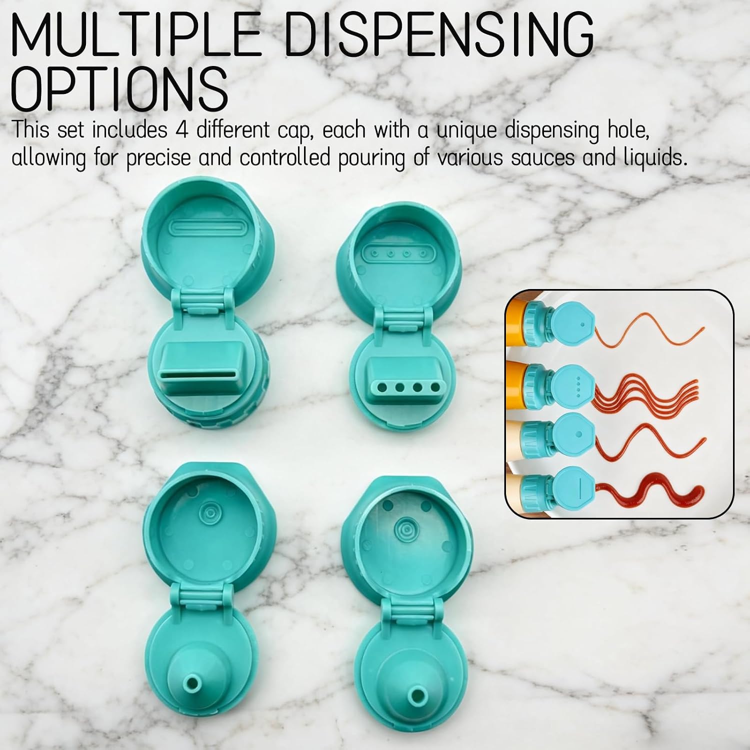 Tizee 4-Piece Condiment Squeeze Bottle Cap Set - Leak Control, Reusable Kitchen Dressing Container Lids for Ketchup, Salad (Green)