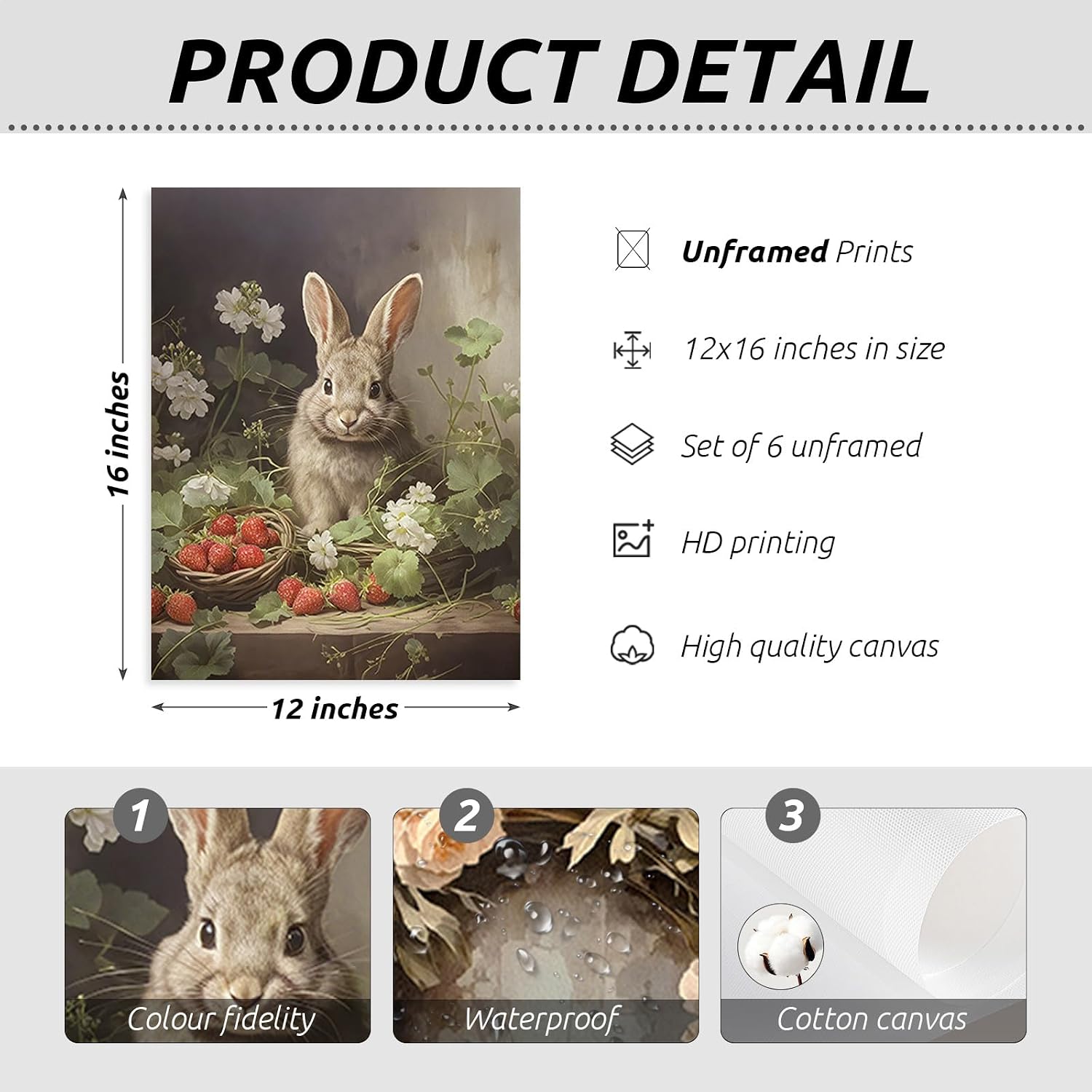 Easter Bunny Wall Art Decor Retro Rabbit Canvas Prints Easter Egg Wall Decor Vintage Bunny Painting Farmhouse Pictures Spring Flower Poster for Living Room Bedroom 12x16 Inch Unframed Set of 6 image 2