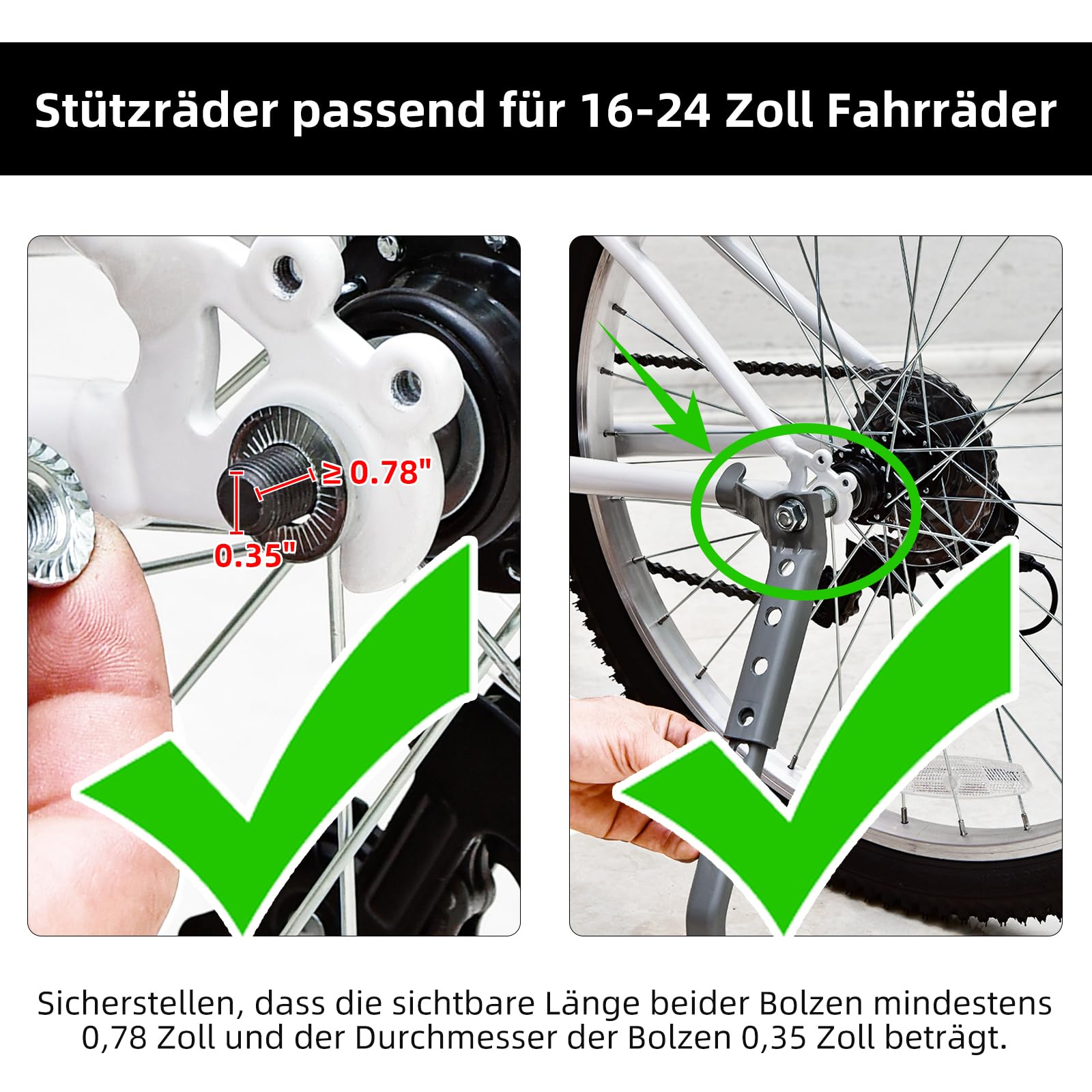 Kinderfahrrad Stützräder Verstellbare Stützräder für 16, 18, 20, 22, 24 Zoll Kinderräder & Mehrgangräder - Inklusive Komplettem Montageset, 1 Paar, Schwarz