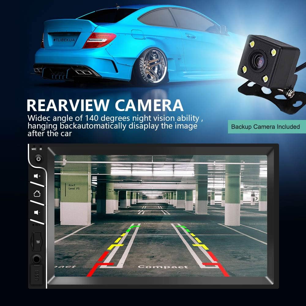 Car stereo screen showing the rearview camera display with parking guidelines, and an image of the backup camera mounted on a car.