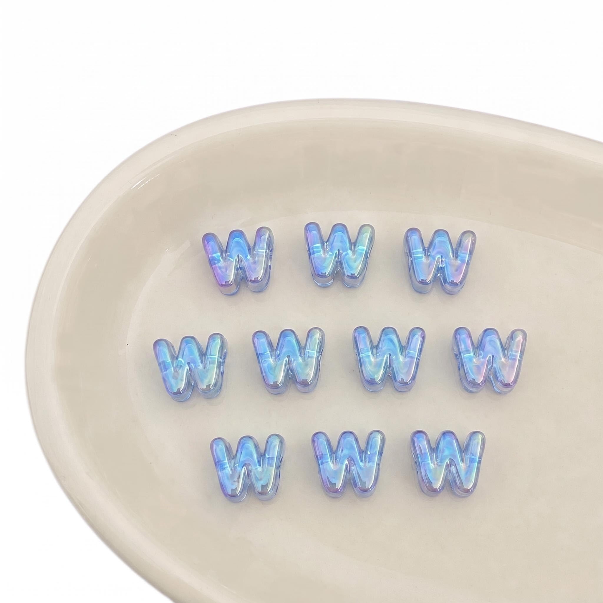 Letter Beads 10pcs, Large Acrylic Alphabet Beads with 6mm Hole, Iridescent Holographic UV Plated for Bracelet Making, Jewellery, Keyrings & Craft (Iridescent Blue, Letter W)