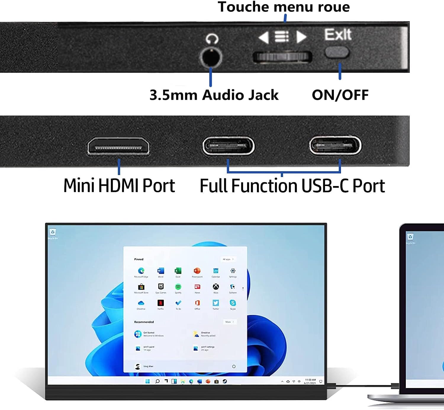 Diagram showing a laptop connected to the portable monitor via a single USB-C cable, illustrating the 3-in-1 mode for business and entertainment.