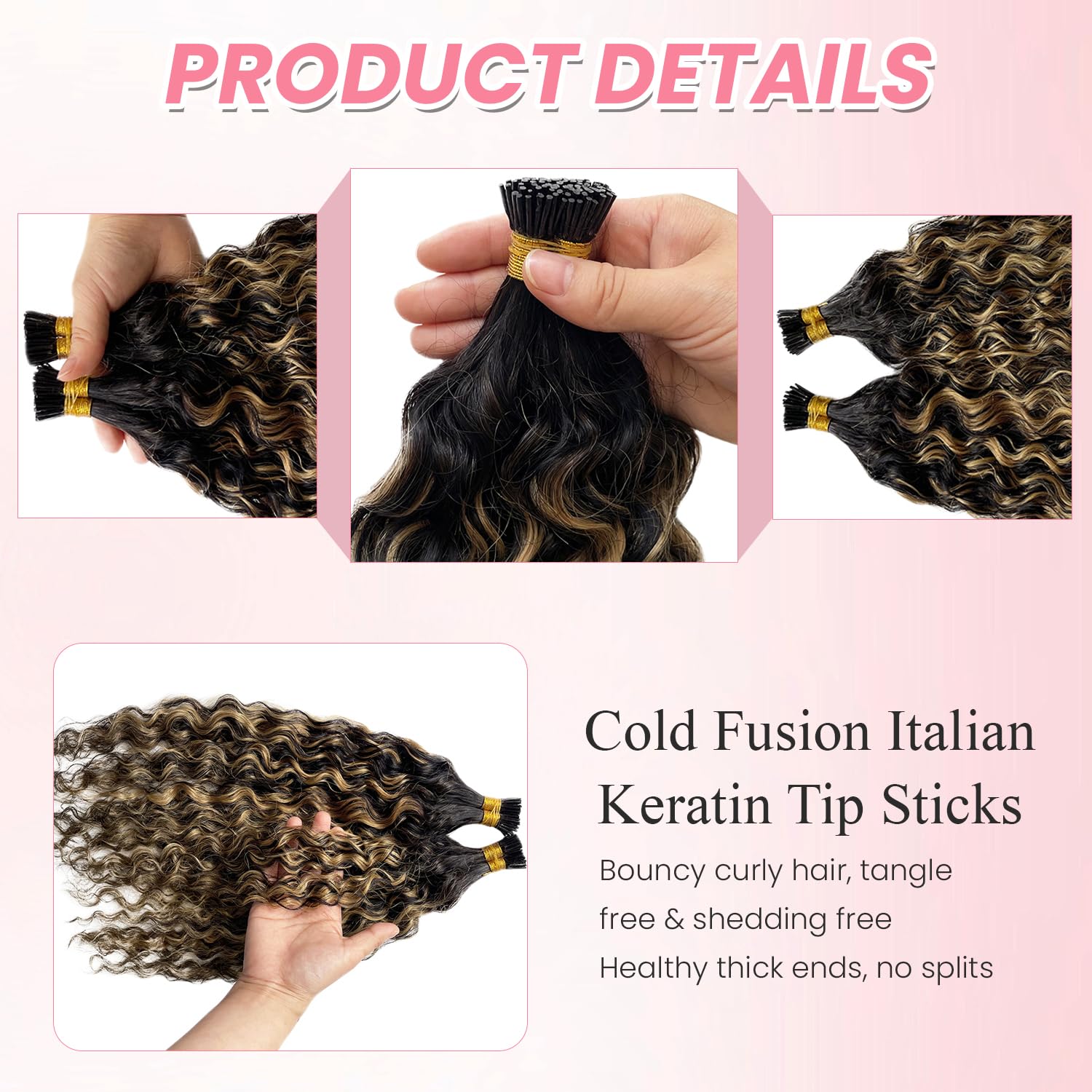 Water Wave I Tip Hair Extensions Human Hair Wet and Wavy Natural Black with Honey Blonde Highlights Itip Pre Bonded Keratin Stick in Extensions for Black Women 18 Inch Bunldes 2-3 Packs for Full Head