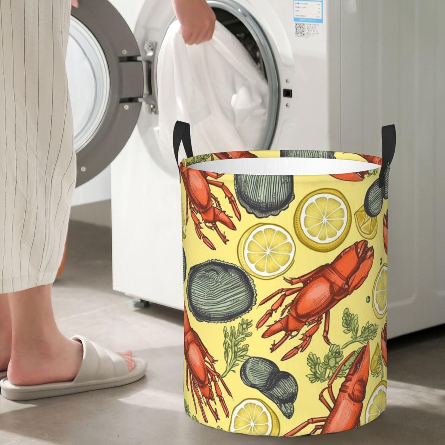Lobster and Lemon Laundry Basket With Handles, Foldable Laundry Hamper Oxford Cloth Dirty Clothes Basket Waterproof Clothes Toys Storage Bin Organizer for Bedroom Bathroom Dorm