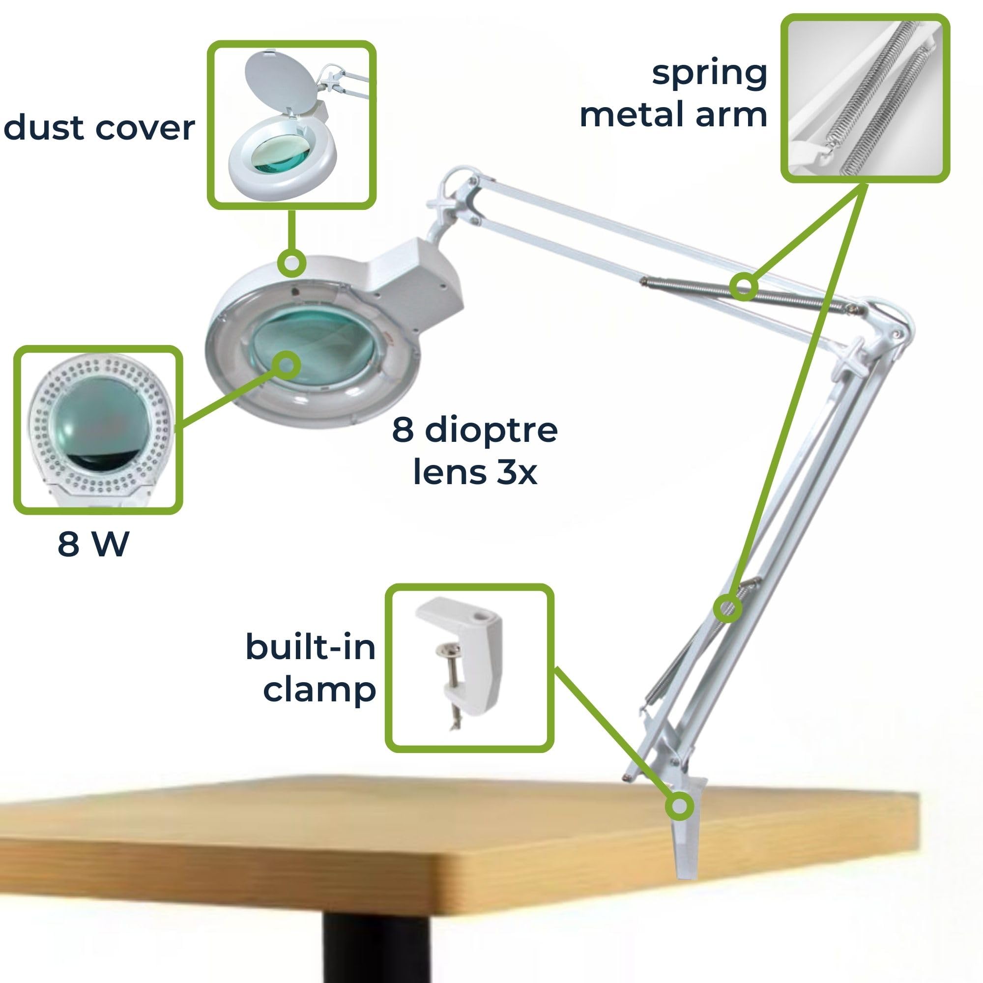 Velleman Lampa LED z lupą i zaciskiem, lampa powiększająca 8 W, 60 LED, powiększenie 3x, soczewka 8 dioptrii 127 mm, światło dzienne 6500 K, do czytania, hobby, beauty i prac precyzyjnych