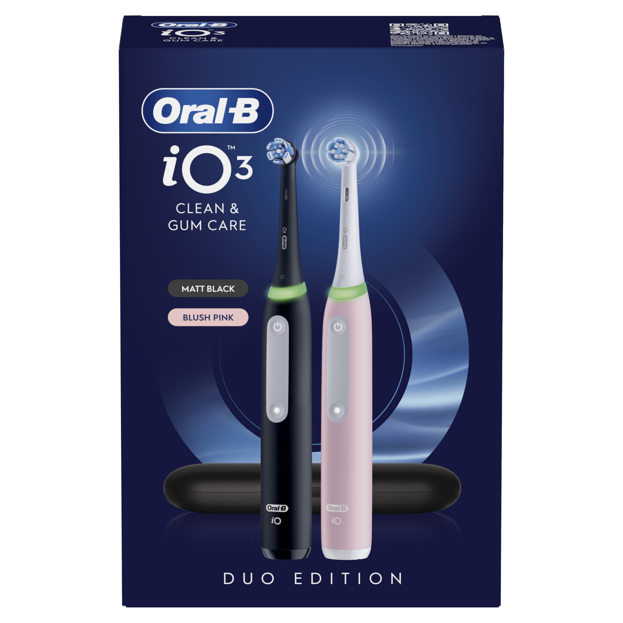 Oral-B iO 3 Cepillos De Dientes Eléctricos (Pack de 2) Con 2 Cabezales, 1 Estuche De Viaje, Diseñado Por Braun, Regalos Originales para Mujer y Hombre - Negro Y Rosa