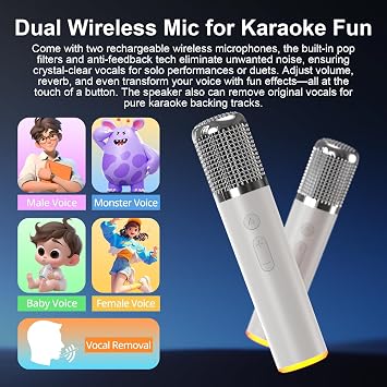 Portable Bluetooth Karaoke Speaker with 2 Wireless Microphones, RGB Lights, Treble & Bass Adjustment, Voice Effects, AUX/USB/TF/OTG/6.5mm Input, Party Speaker for Home, Outdoor, Adults & Kids(White)